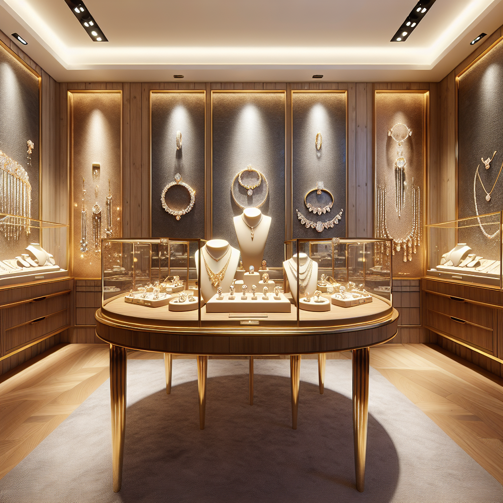 Luxurious jewelry display in an elegant store with necklaces, rings, and bracelets.