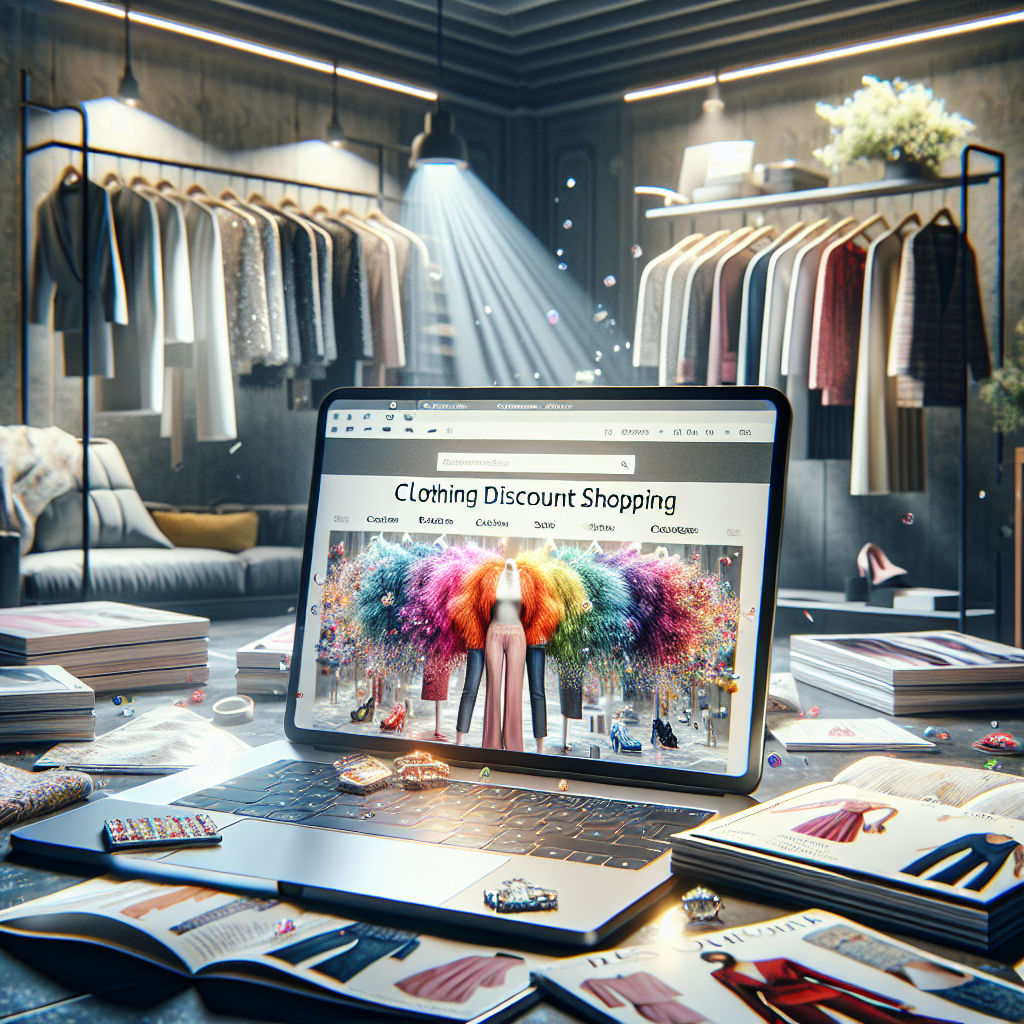 A realistic scene of an online clothing discount experience with a laptop displaying a clothing website.