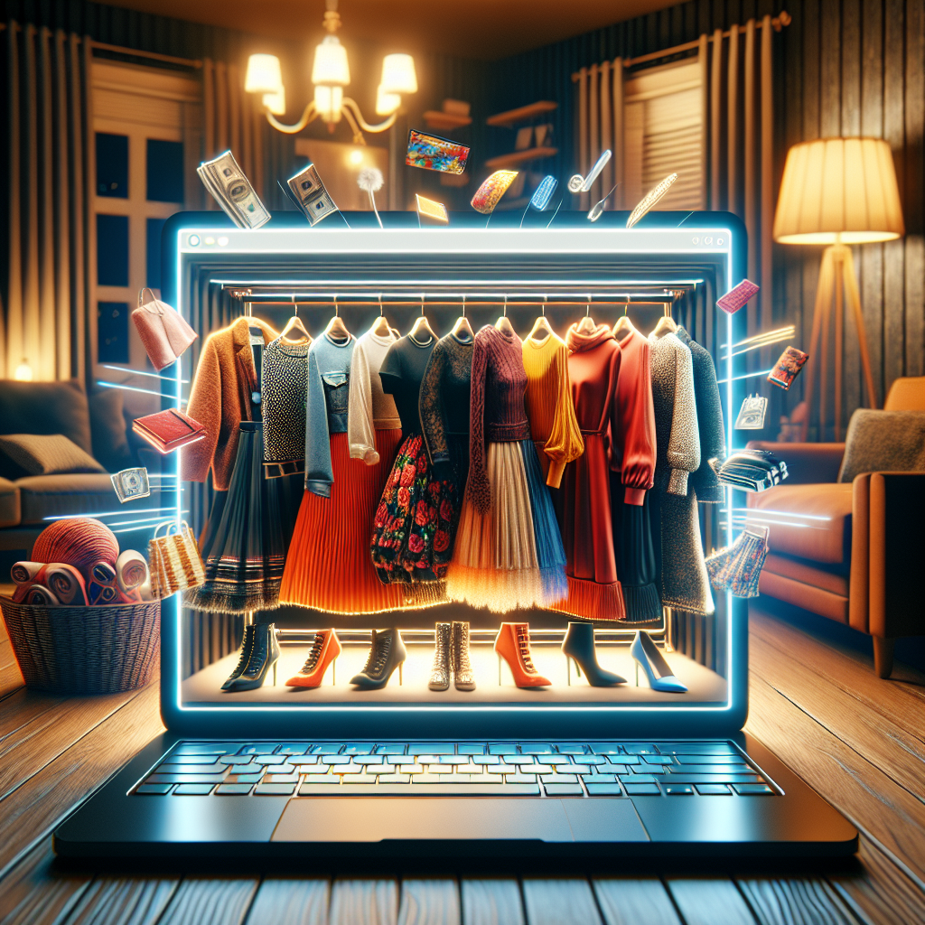 Realistic image of online clothing shopping scene with laptop displaying fashion items.