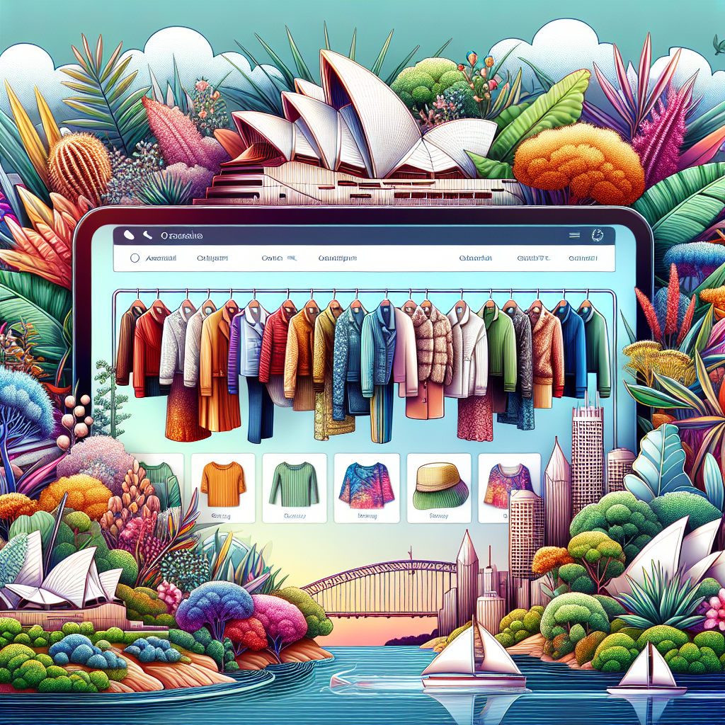 An online fashion store interface with Australian-themed design and clothing options.