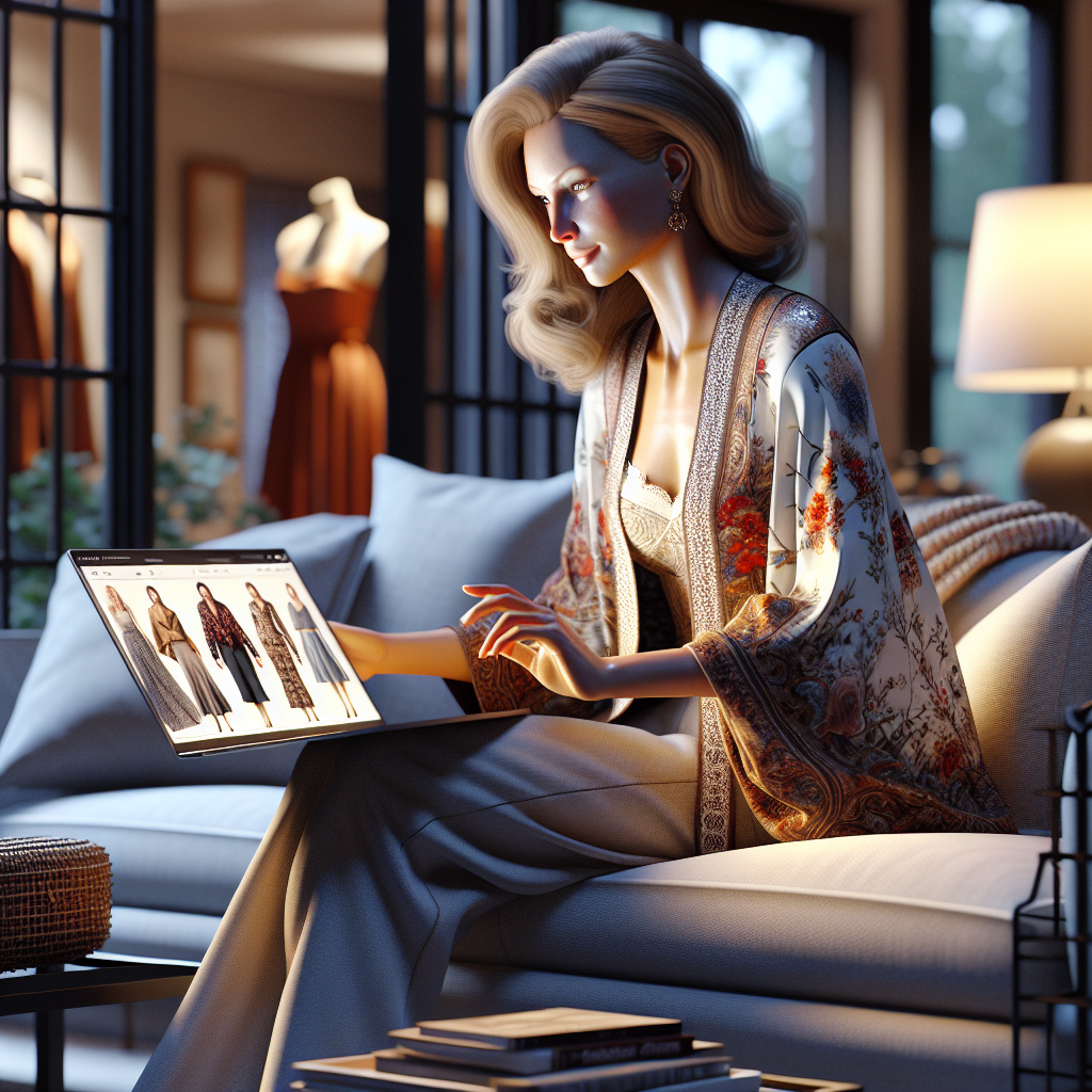 An Australian woman shopping for clothes online in a stylish living room.