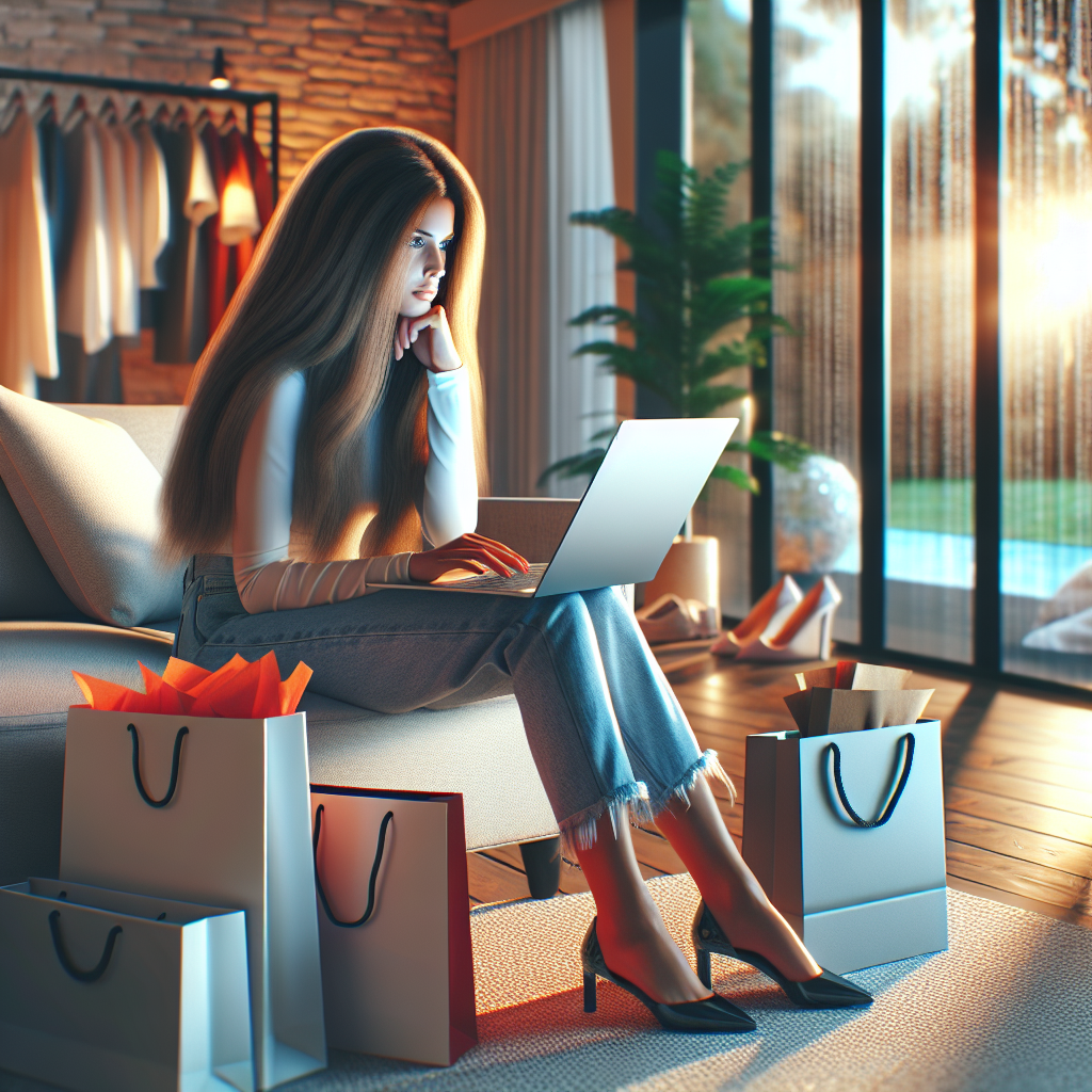 A woman shopping for fashion items online in her stylish Australian living room.