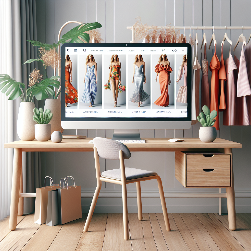 A realistic image of an online fashion store interface on a computer screen, emphasizing modern Australian styles.