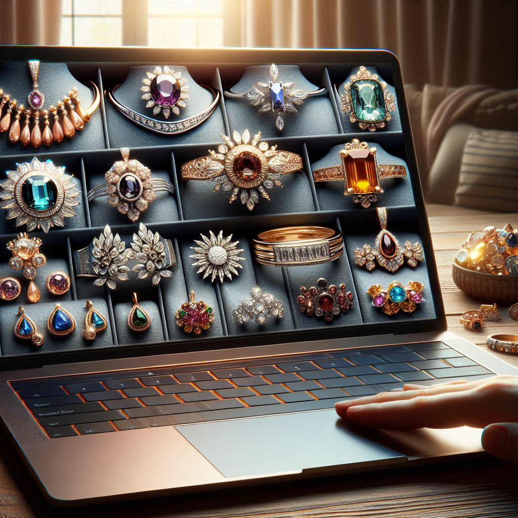 A laptop showing an array of jewelry, capturing the essence of online shopping in a cozy home setting.