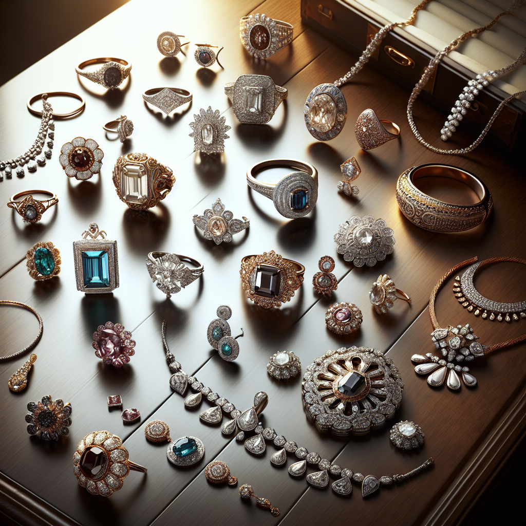 A display of various styles of jewelry on a wooden table in a realistic setting.