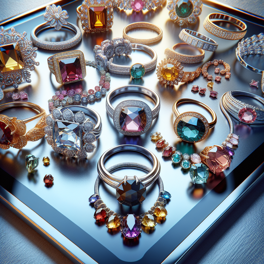 Realistic depiction of online jewelry shopping showing diverse jewelry on a sleek digital interface.