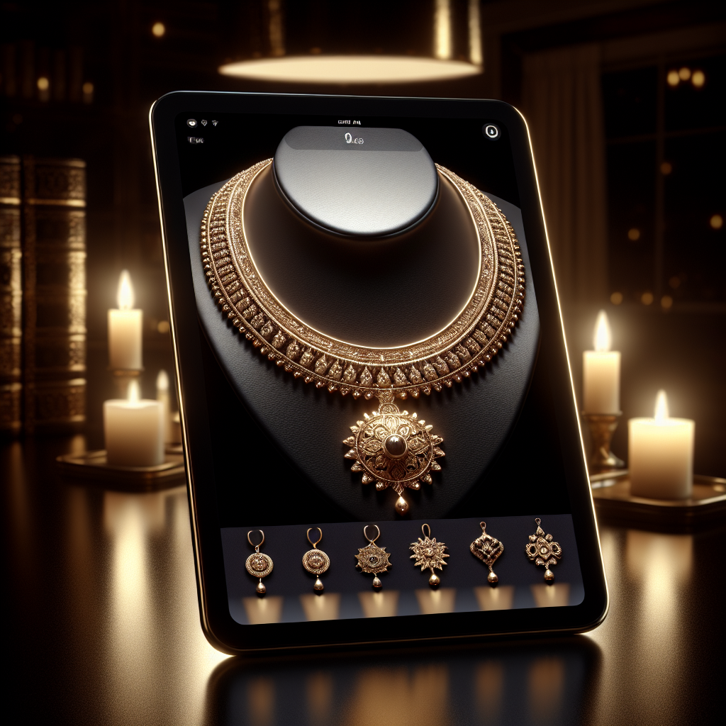 Online jewelry shopping depiction with a necklace on a tablet screen.