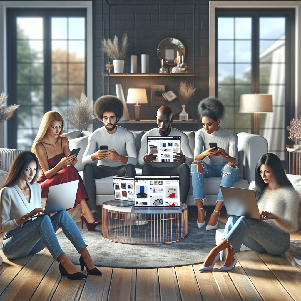 Diverse group of people shopping online in a modern home setting