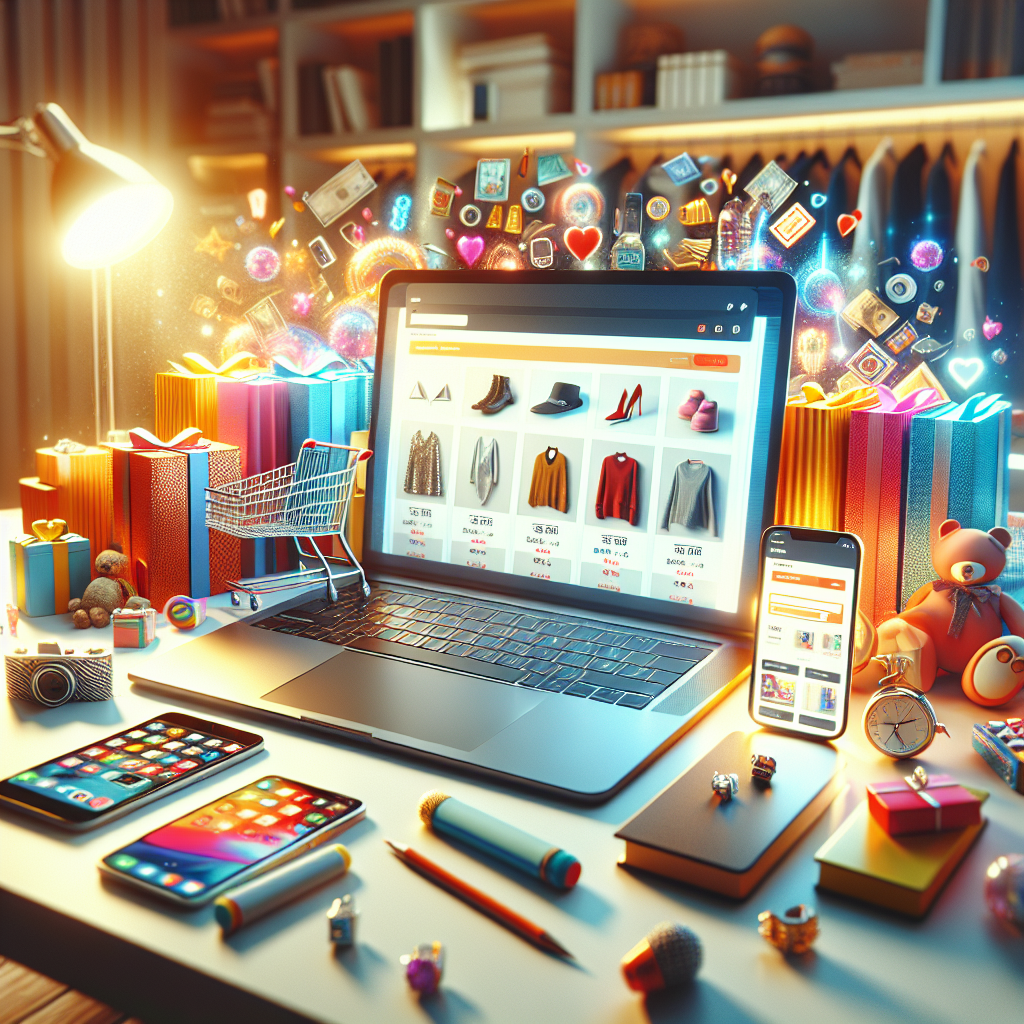 Realistic image of an online shopping scene with a laptop and smartphone showing products.