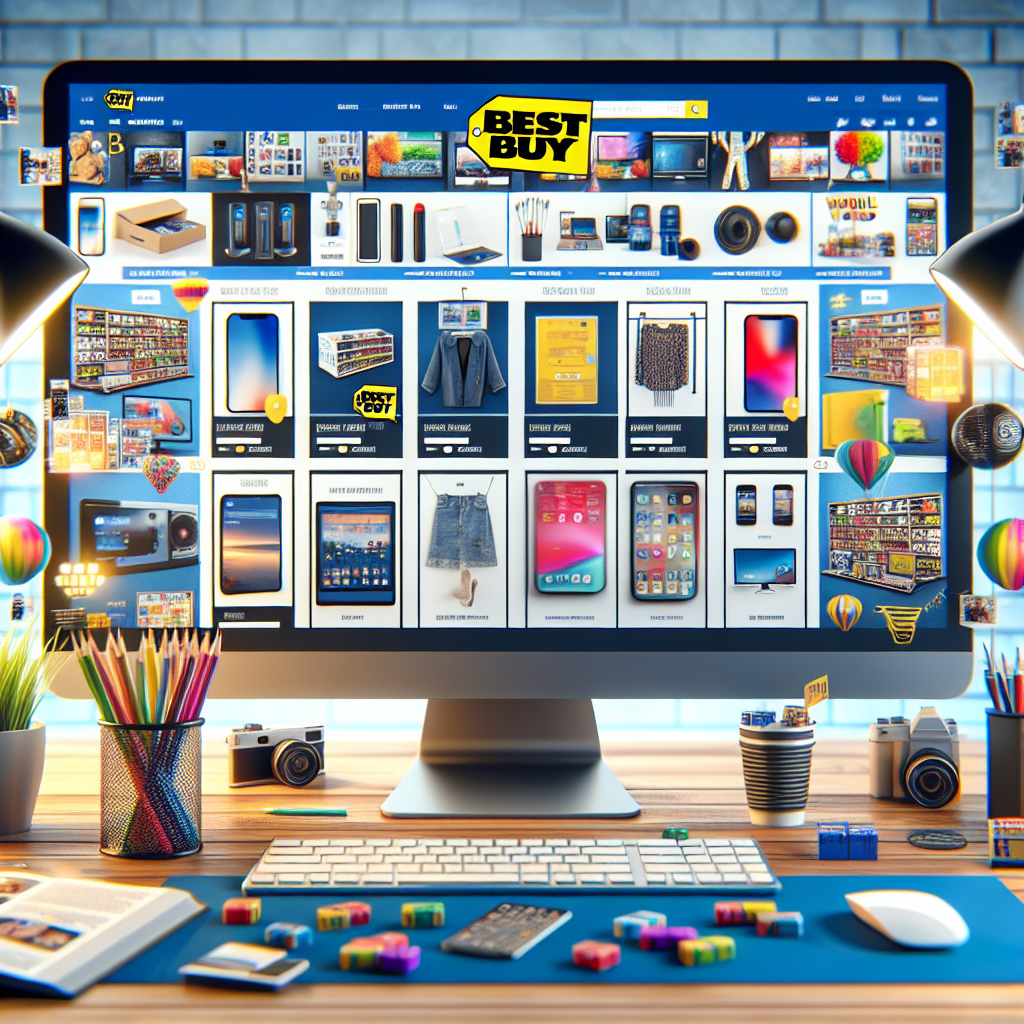 Realistic image of an online shopping interface, focusing on Best Buy World, with diverse products and vibrant colors, free of text.