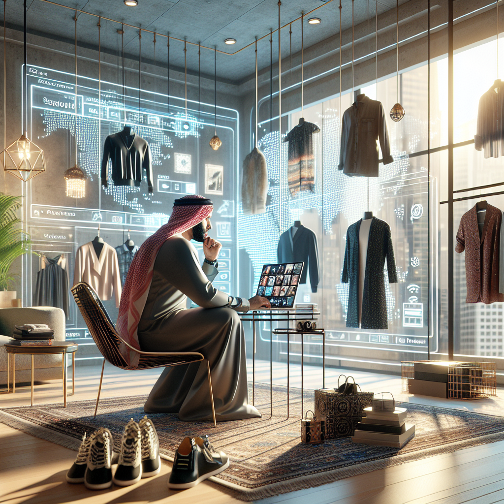 A depiction of a person shopping for clothes online in a modern home setting.