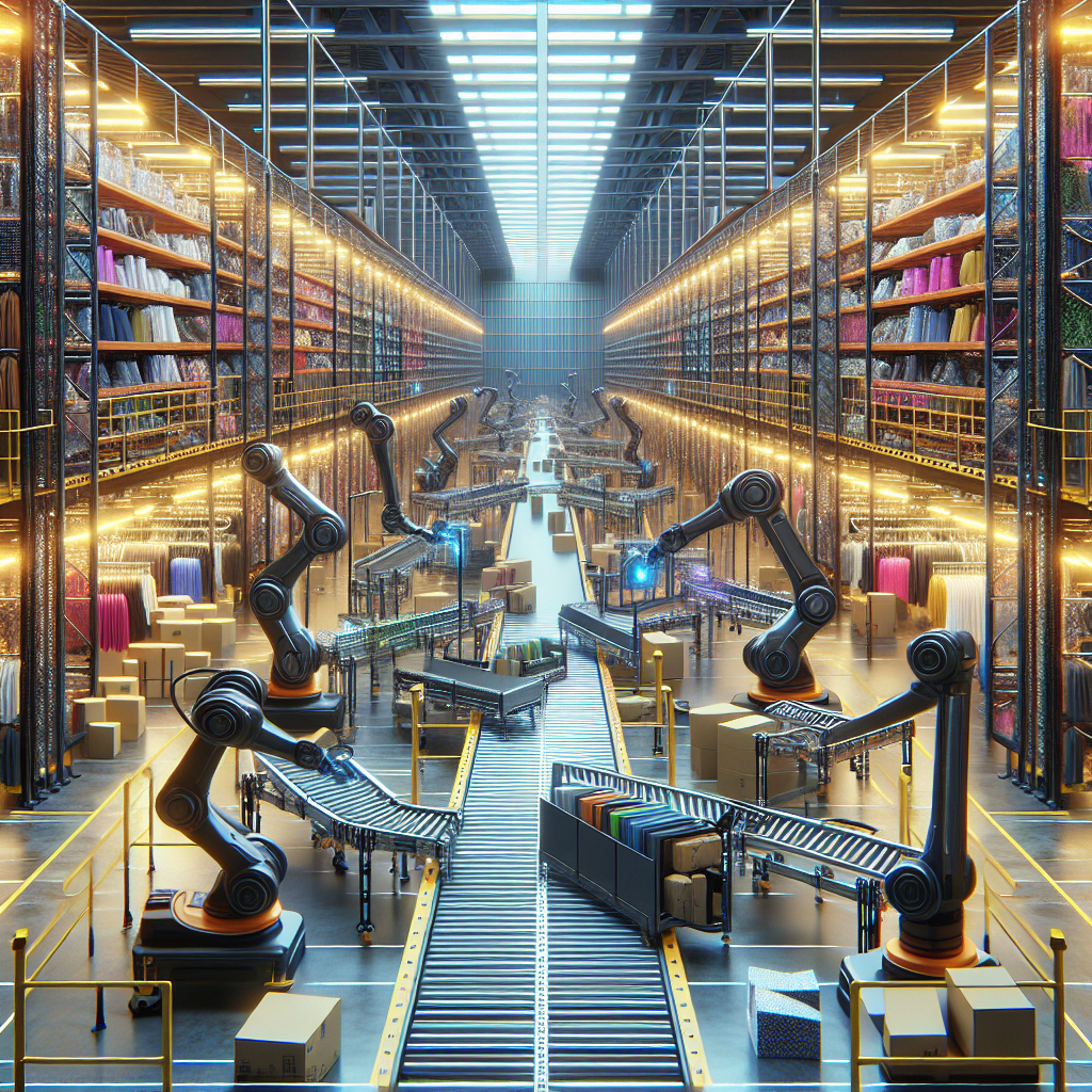 A realistic depiction of a modern fashion retailer's warehouse with advanced technology and colorful clothing.