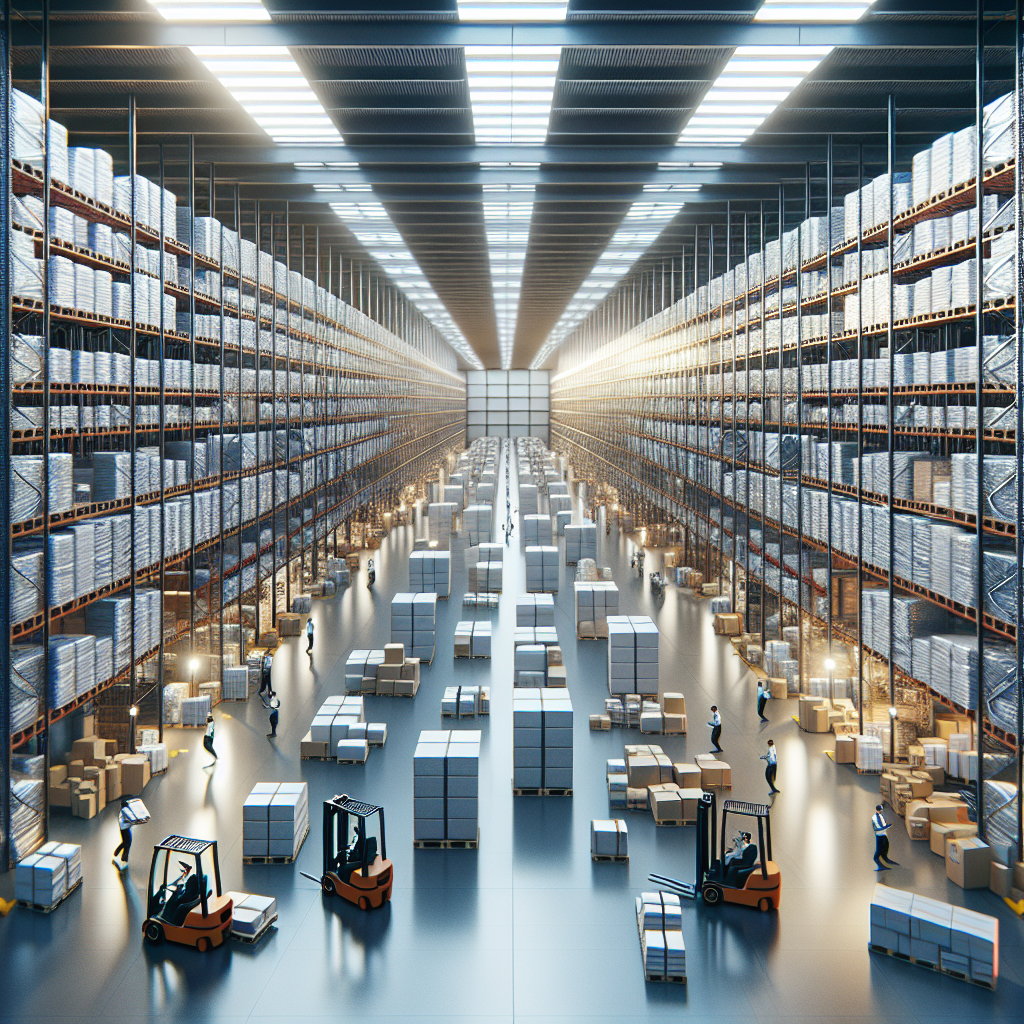 Interior of a modern warehouse representing SHEIN's logistics with clothing packages on shelves and workers on forklifts.