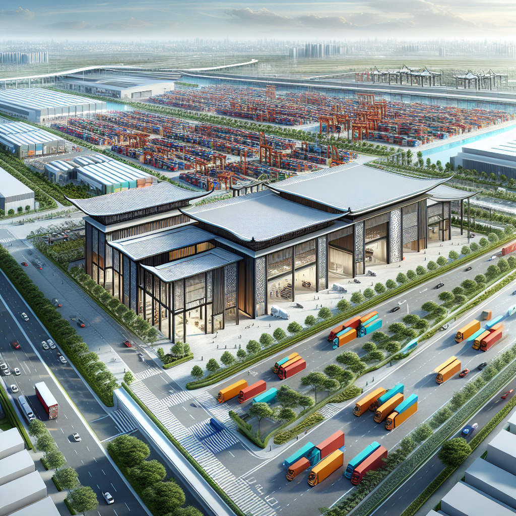 A realistic image of a modern warehouse with Asian architectural elements in an industrial setting.