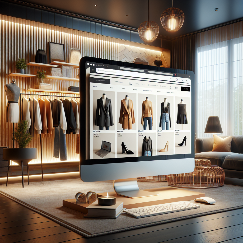 A vibrant and stylish depiction of an online clothing store interface in a modern room.