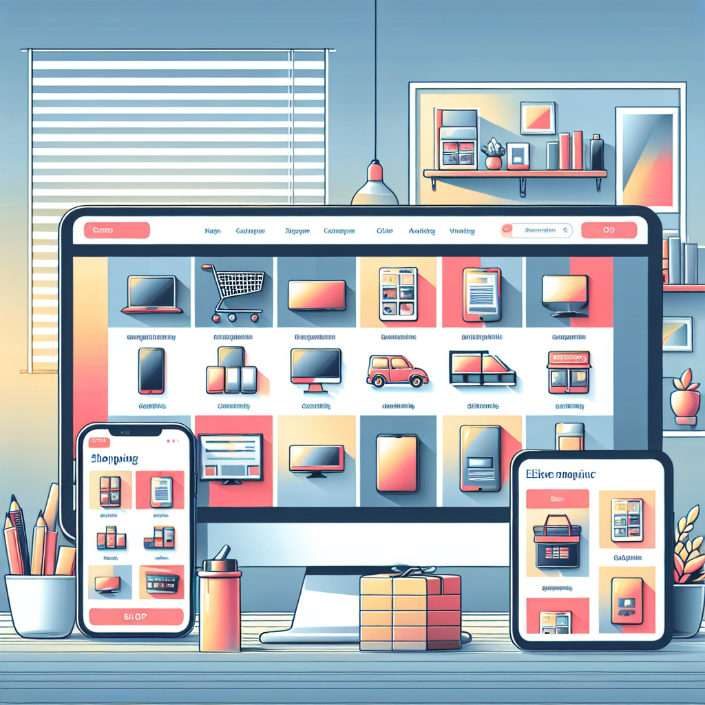 An illustration of an online shopping platform interface with various product categories displayed on screens.