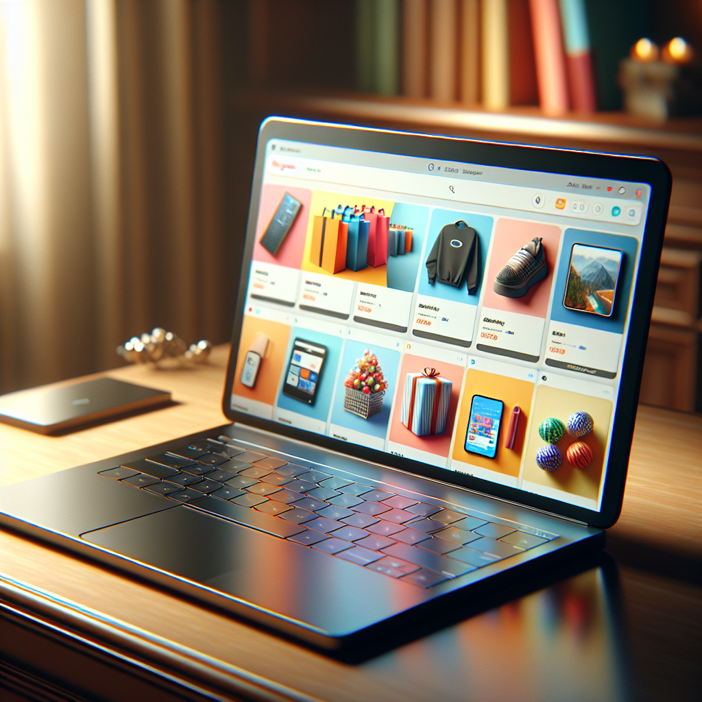 A modern online shopping interface on a laptop screen with various colorful products displayed.