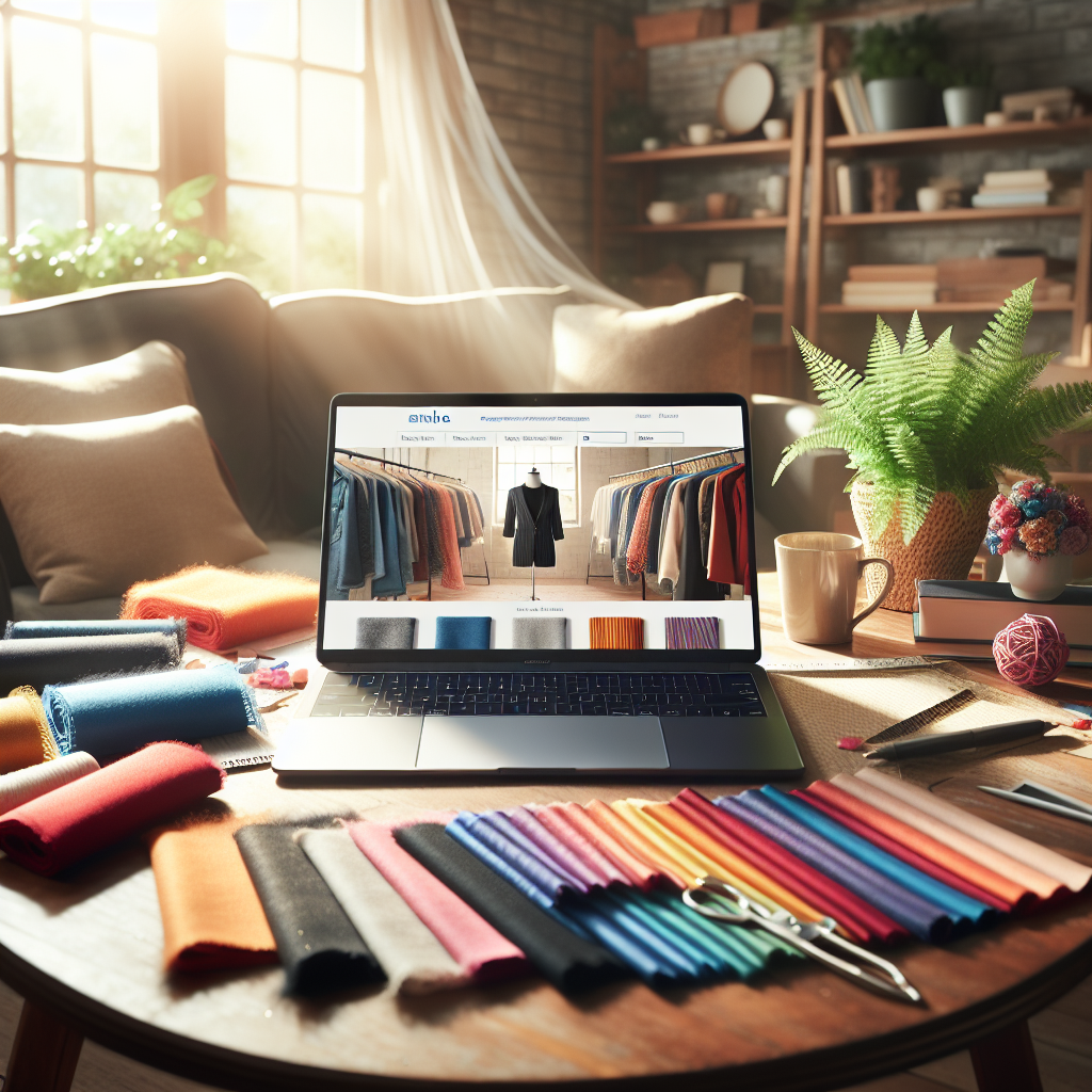 A modern online shopping scene with a laptop and clothing swatches.