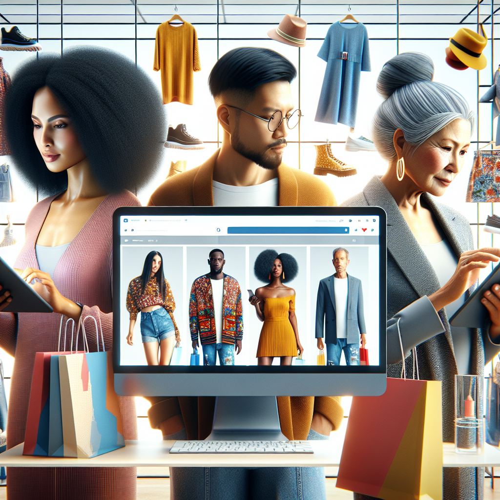 A group of diverse shoppers browsing clothing online in a vibrant digital storefront.