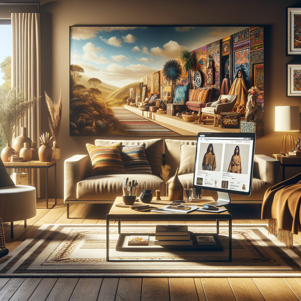 A cozy living room with online shopping products displayed on a coffee table.