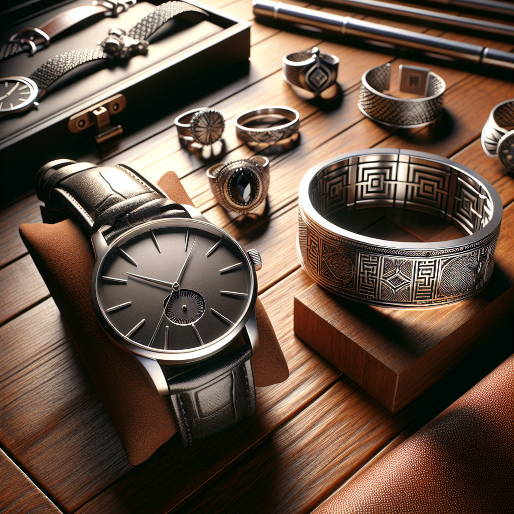 A flat-lay of men's jewelry including a silver watch, stainless steel bracelet, and engraved ring on a wooden surface.