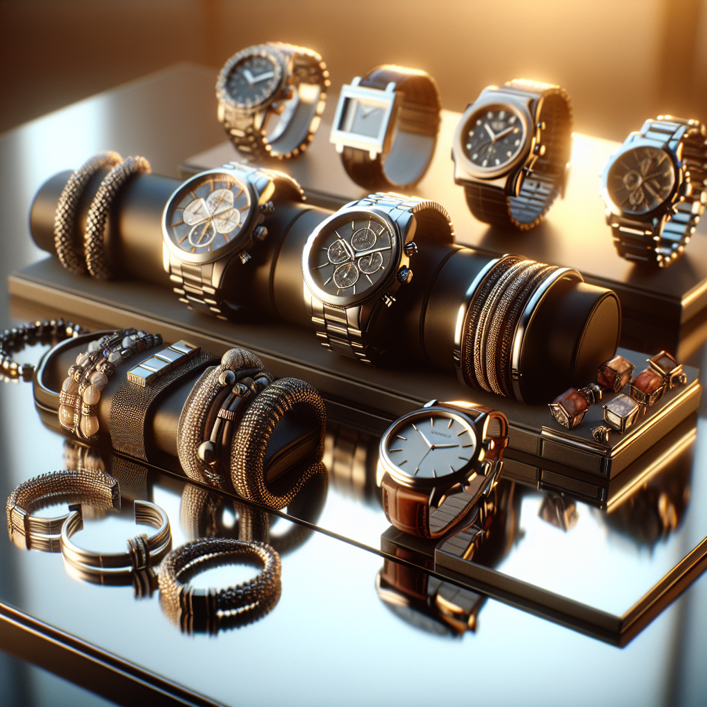 An assortment of men's jewelry displayed on a glass table, emphasizing various styles of watches, bracelets, and rings.