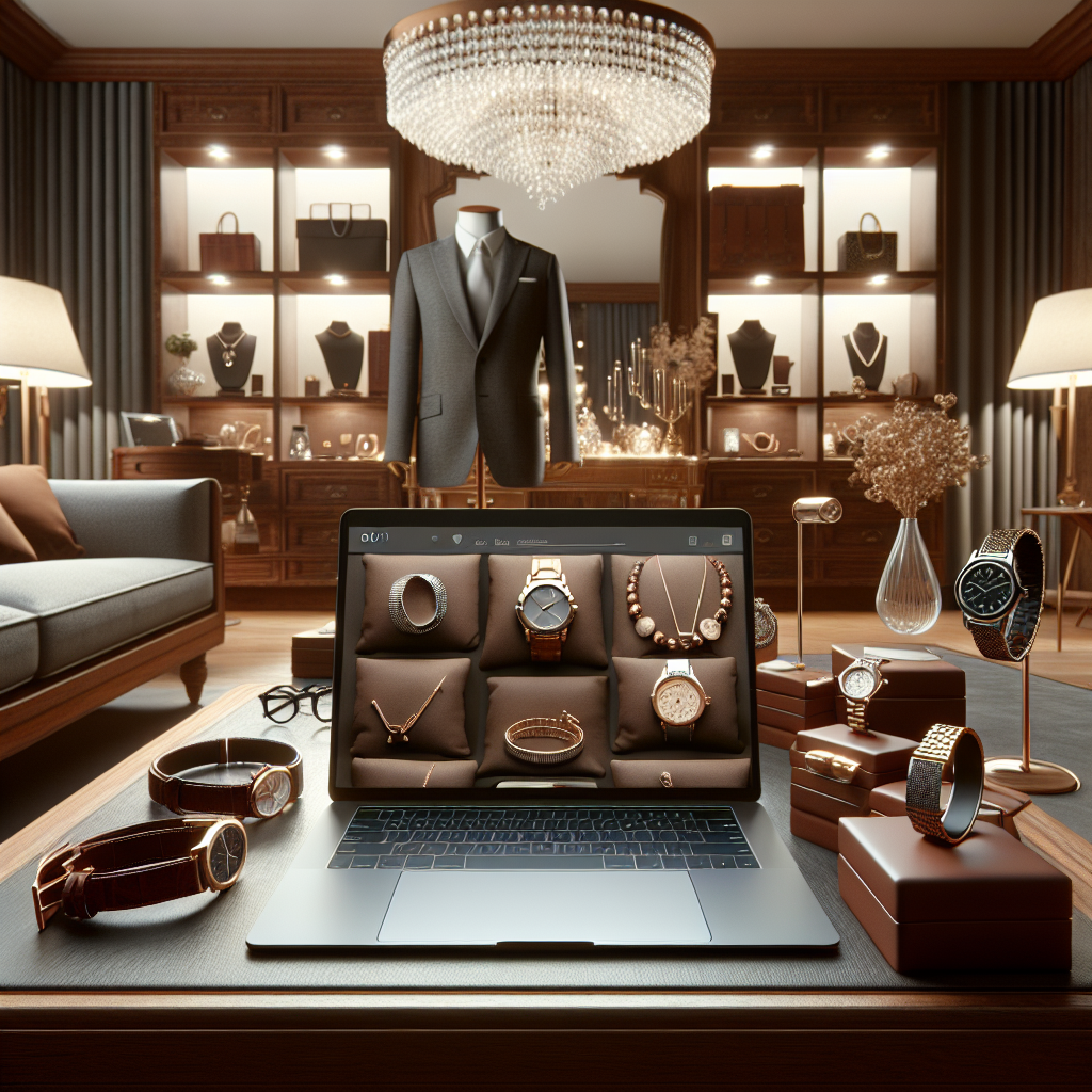 A modern online jewelry shopping scene with a laptop and various men's jewelry displayed.