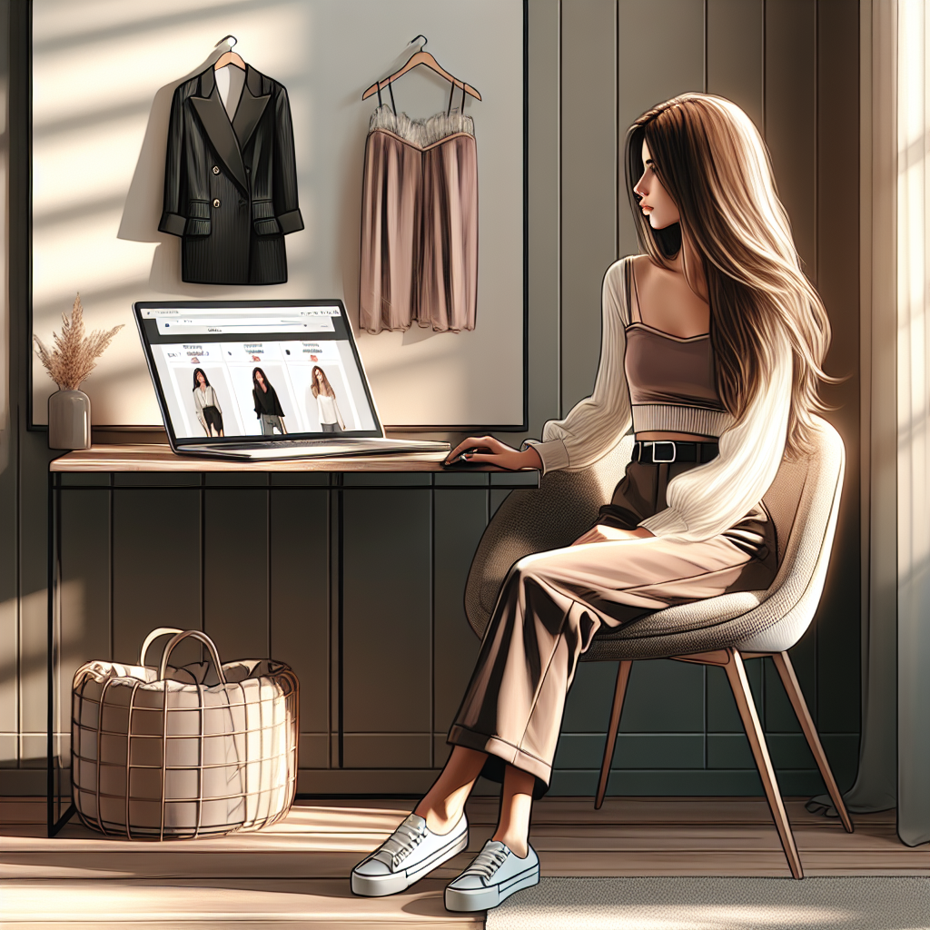 A young woman shopping for discounted clothes online in a cozy home setting.