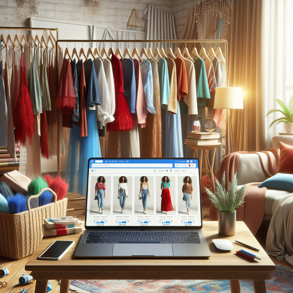 A modern bedroom with a laptop displaying online shopping for discounted clothes.