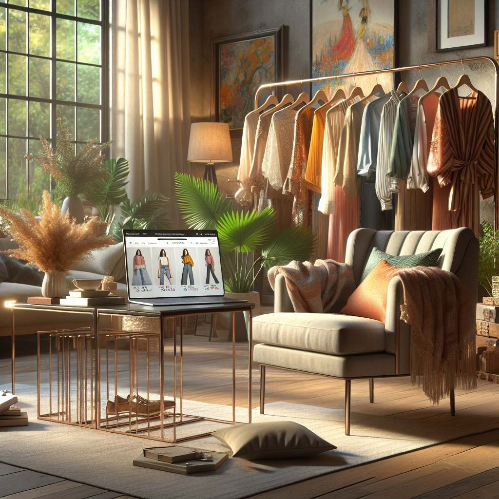 A cozy living room with a laptop showing discounted clothing, and a laid-out stylish outfit on a table.