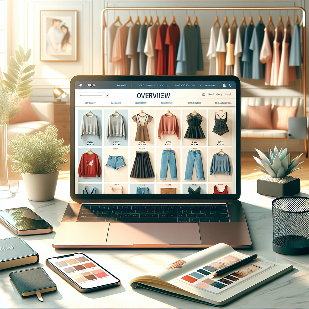 A modern overview of an online clothing store market with a laptop displaying stylish clothing and a trendy workspace.