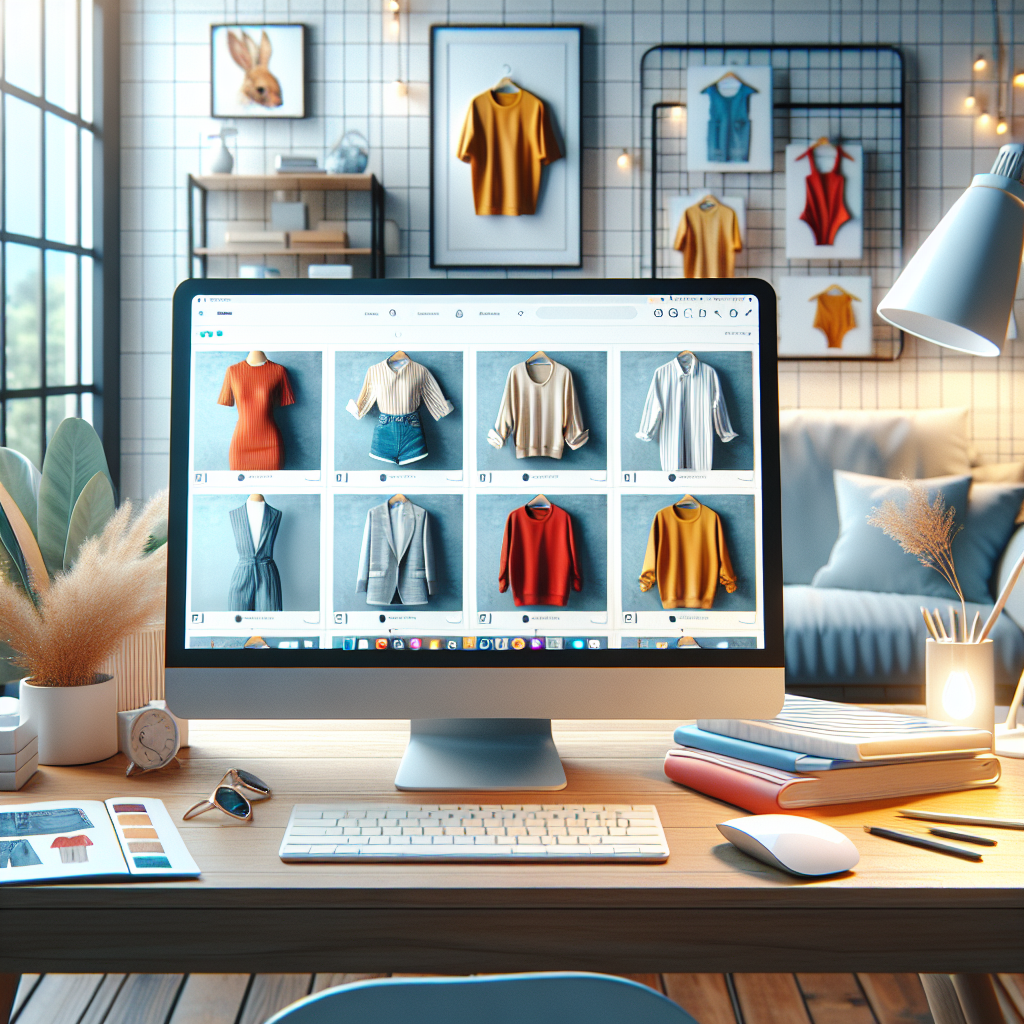 A modern online clothing store layout with a computer displaying fashionable clothing items.