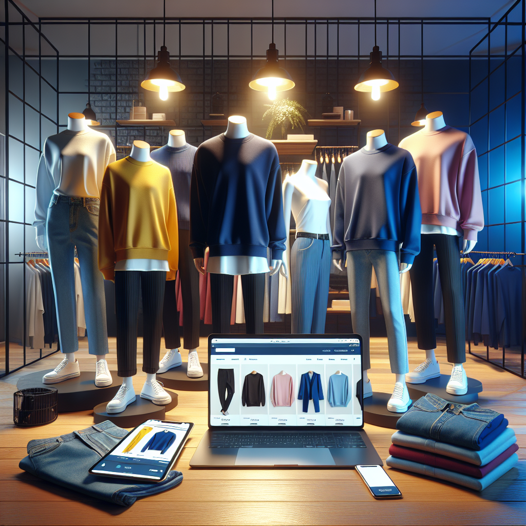 A virtual storefront with mannequins displaying various trendy outfits and a laptop showing an e-commerce layout.