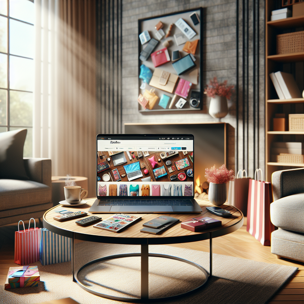 An inviting online shopping scene in a cozy living room with a laptop and colorful products displayed.