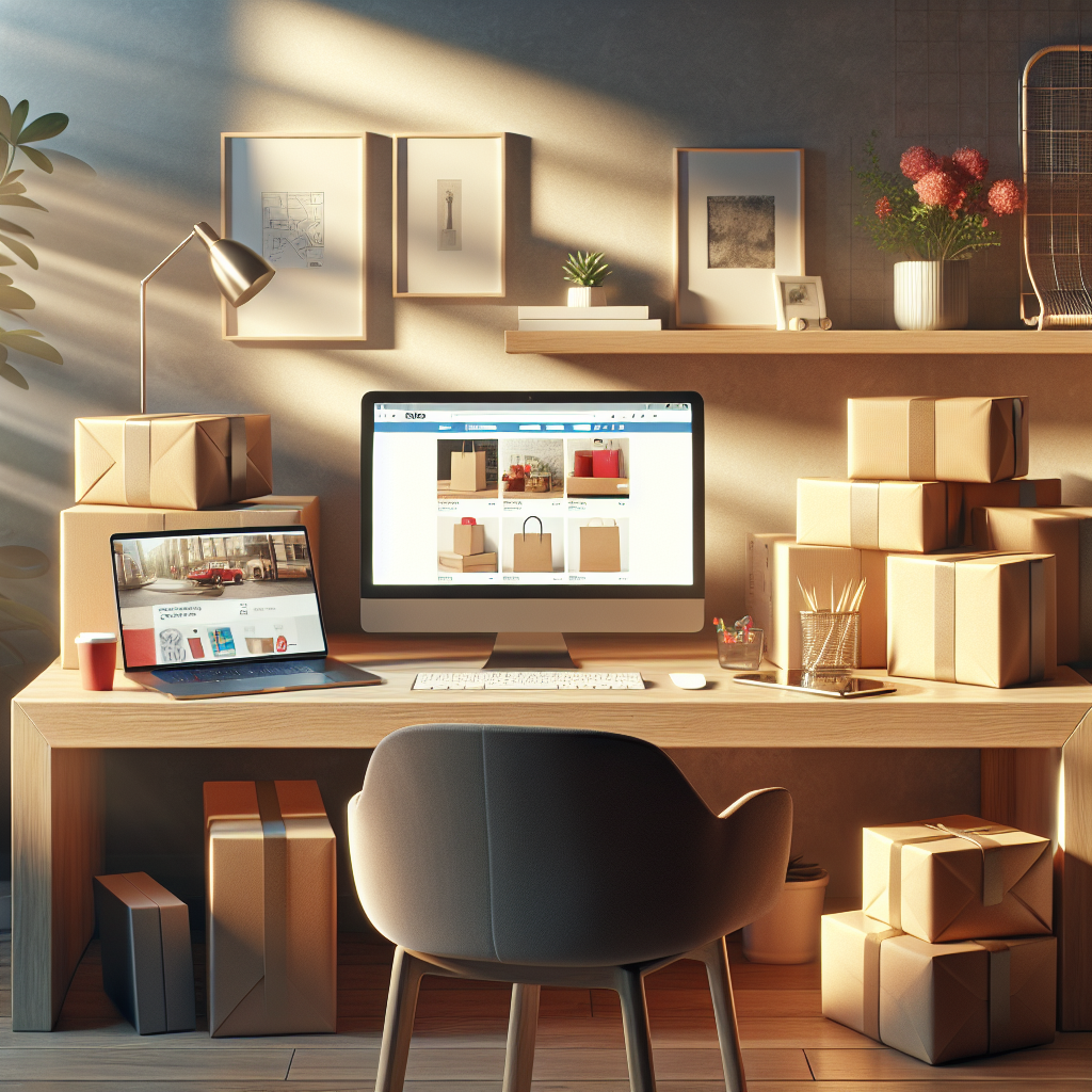 A cozy home office with a stylish oak desk displaying online retail items and warm lighting.