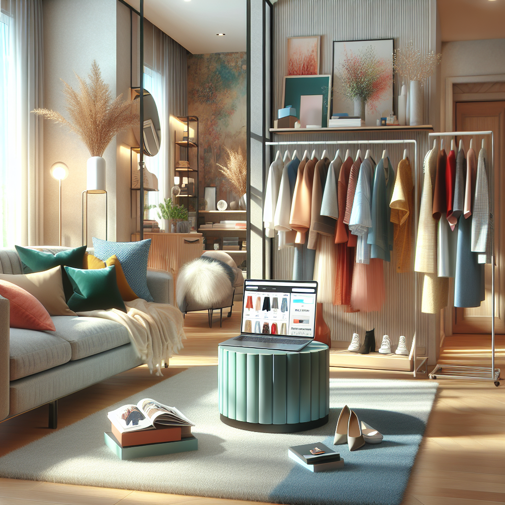 A cozy home interior with a stylish setup for online clothing shopping.