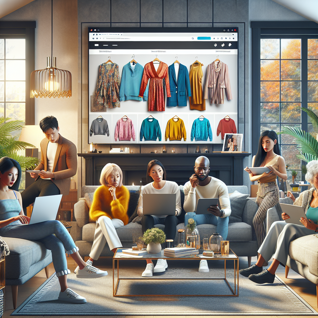 A scene of people shopping online for clothing in a cozy living room.