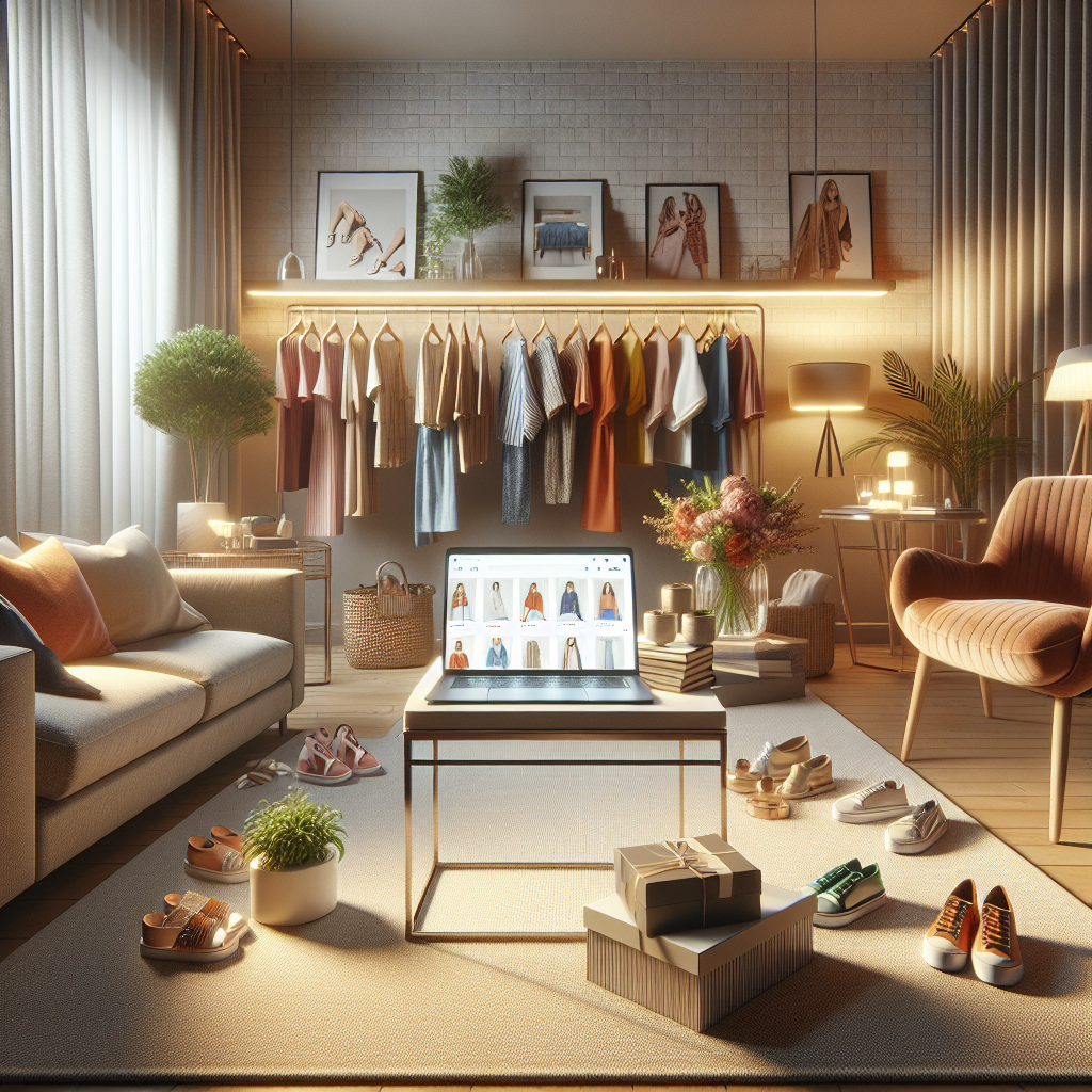 A depiction of a cozy living room setup for online clothing shopping in Germany.