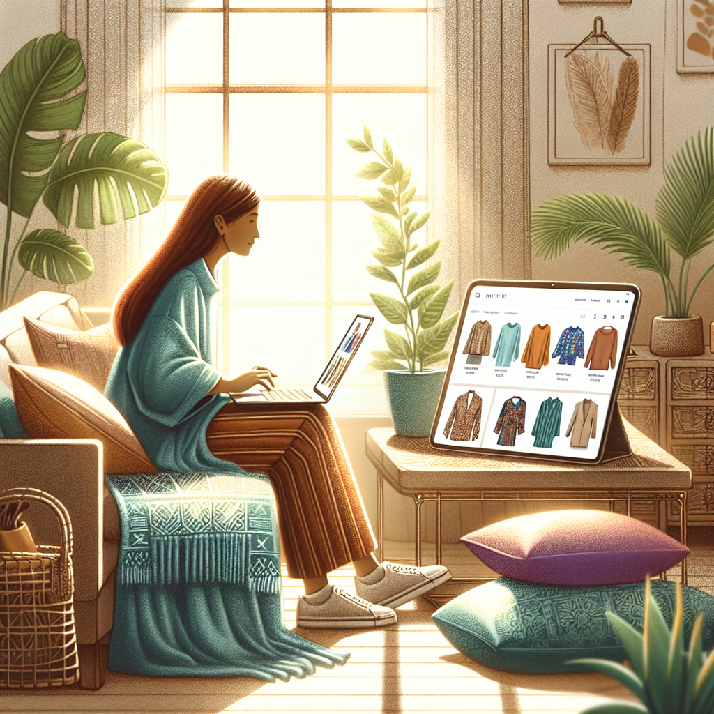 A woman browsing for clothes online in a cozy living room.