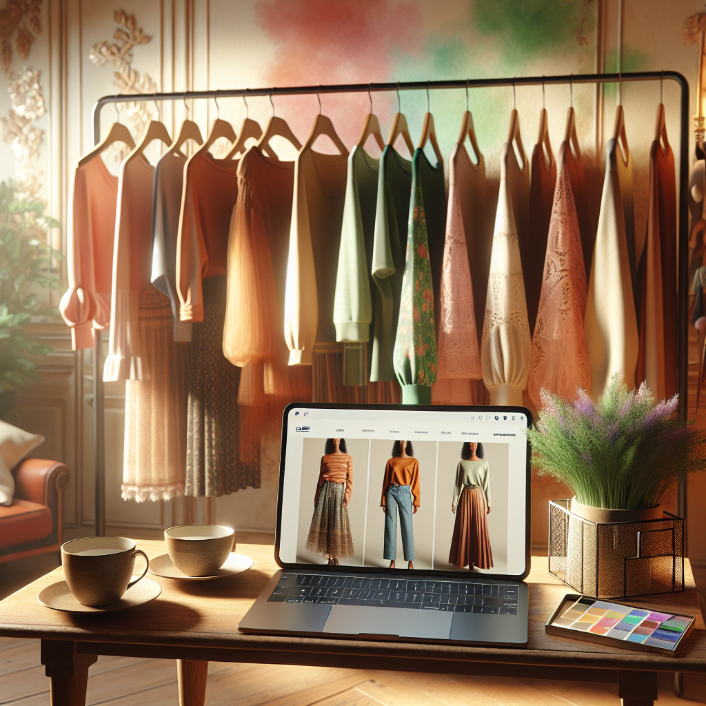 A cozy online shopping scene with clothing racks and a laptop.