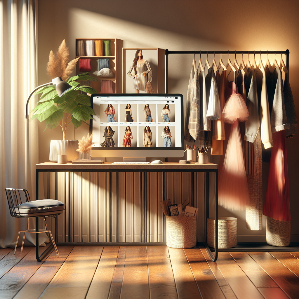 An indoor scene showing a computer screen displaying various clothing items with a cozy atmosphere.