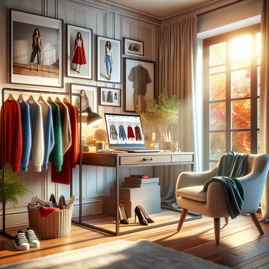 A cozy home interior designed for online clothes shopping with a laptop and colorful clothes.