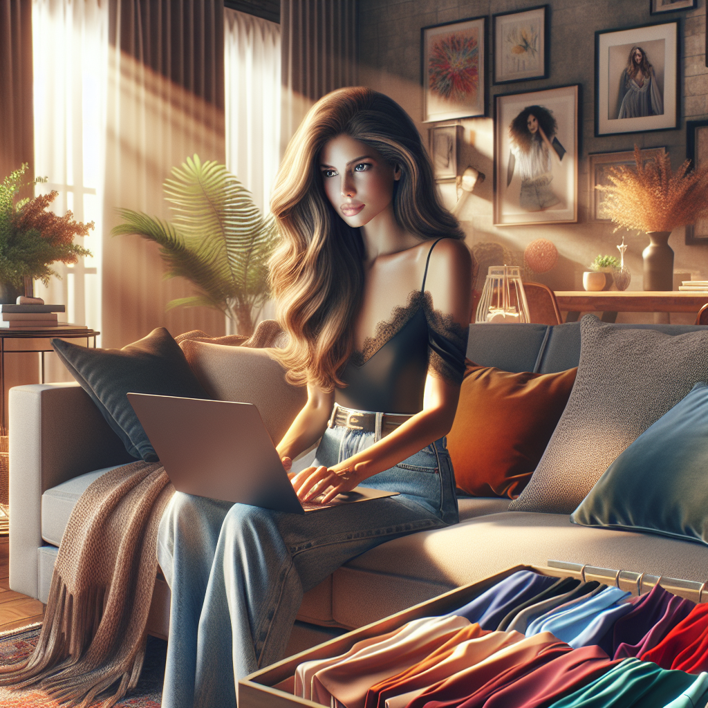 A modern woman shopping online for women's clothing in a cozy living room.