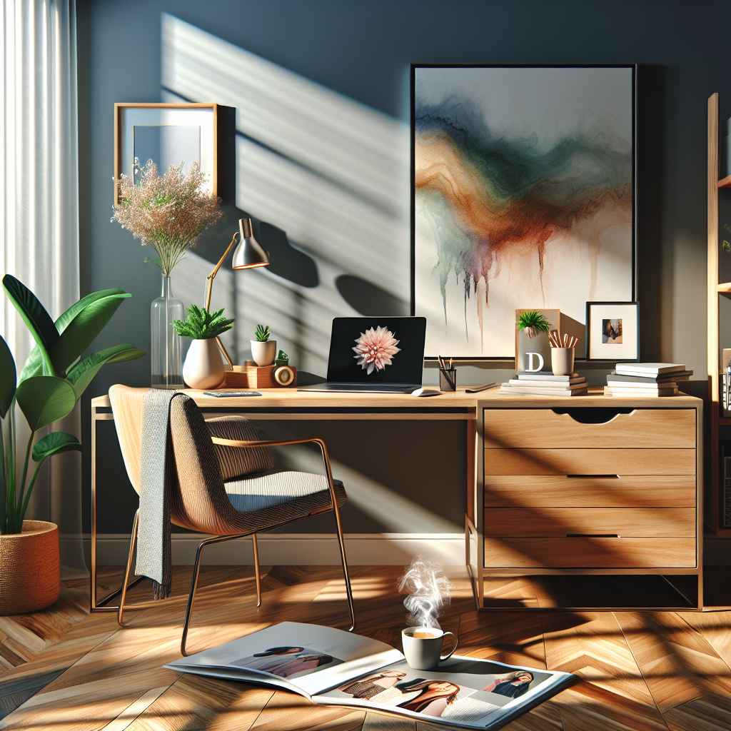 A cozy home office with a desk, laptop, and fashion magazine.