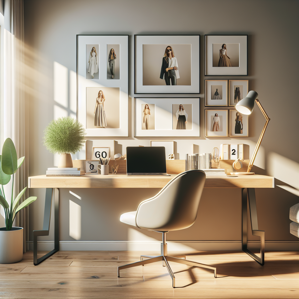 A modern home office with a sleek desk, laptop, and fashion photography on the wall.