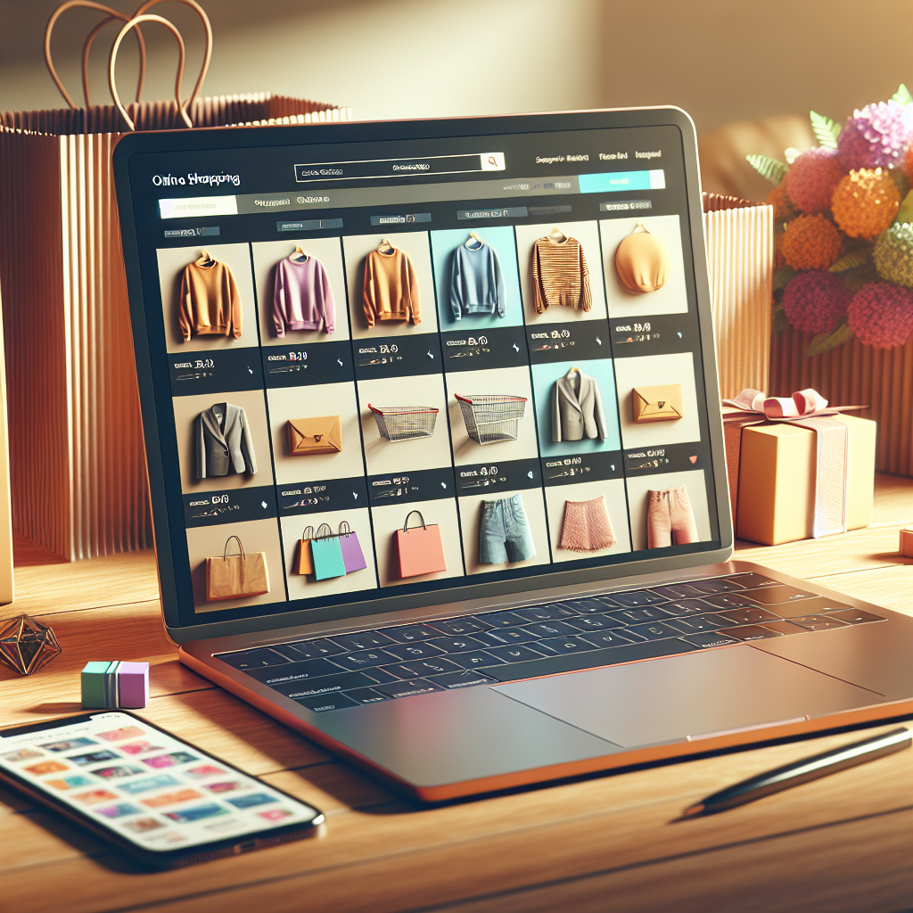 A realistic depiction of an online shopping interface on a laptop with an engaging layout and colorful product images.