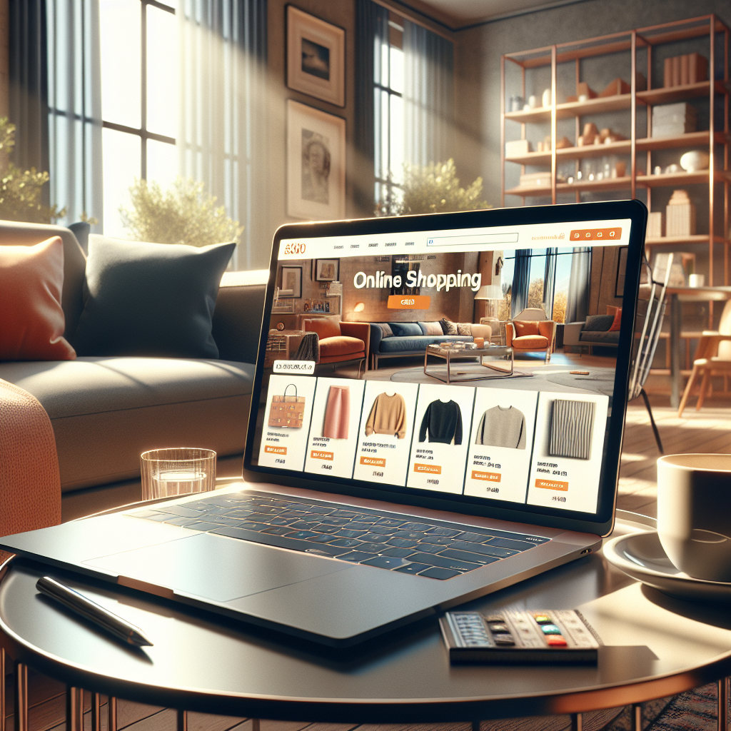 A modern online shopping experience displayed on a laptop in a cozy room.