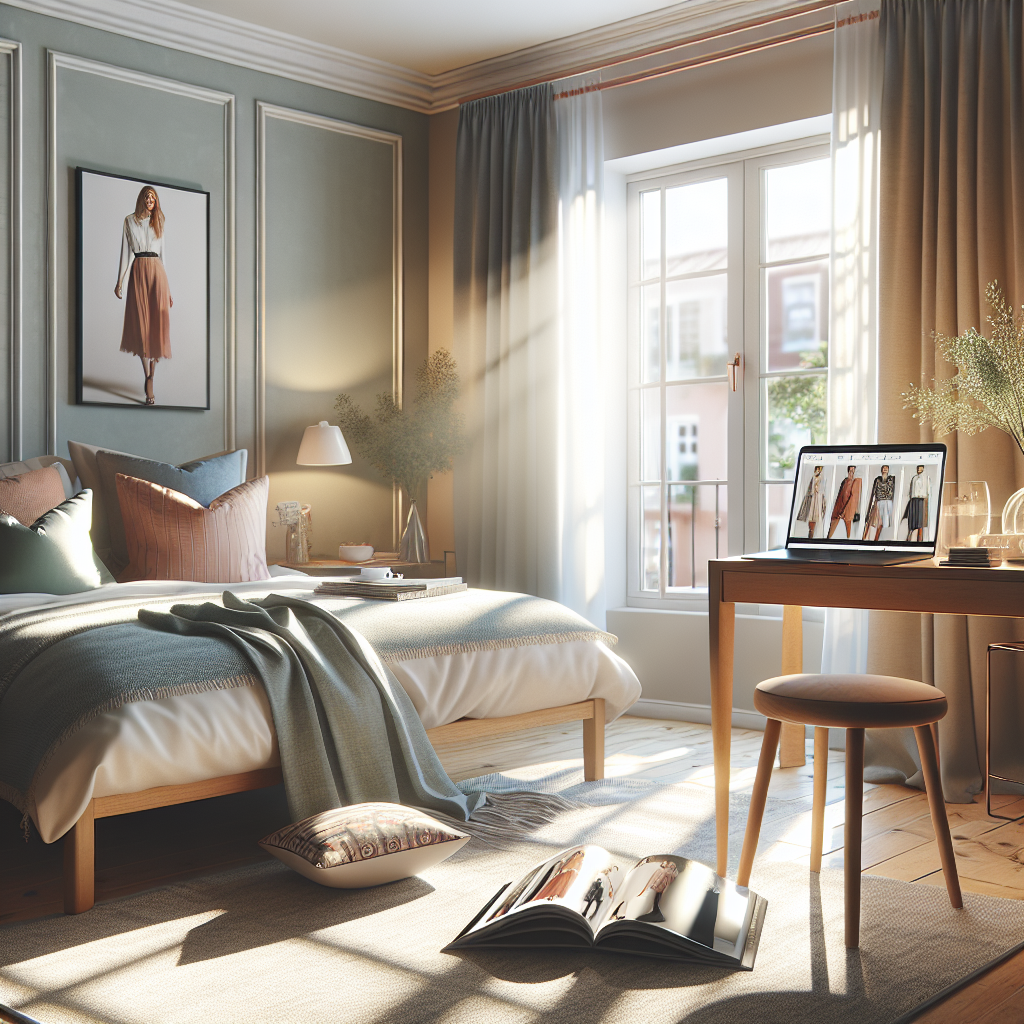 A cozy European bedroom with a laptop on a desk and stylish decor, featuring soft natural light.