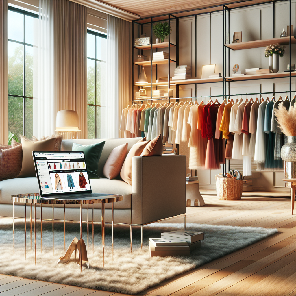 A stylish home interior depicting online clothing shopping.