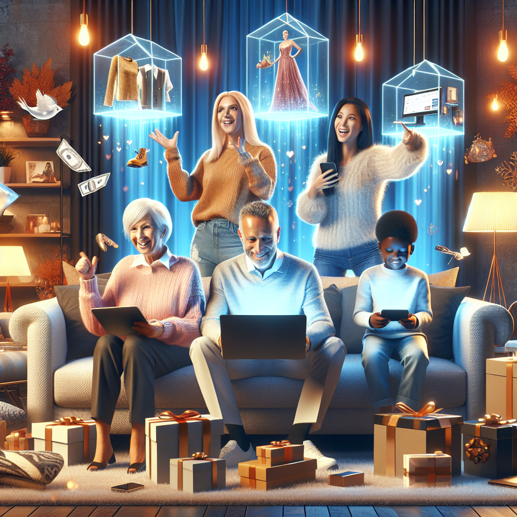 A diverse group of shoppers excitedly engaging with online shopping in a cozy living room.